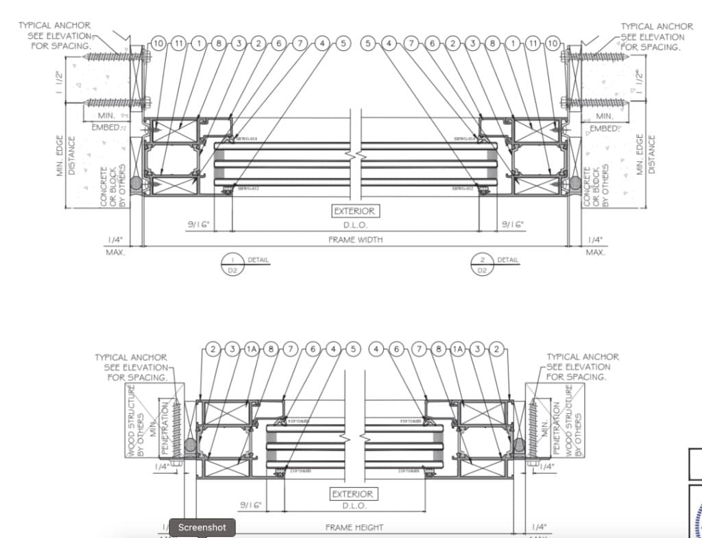 Anchor details at head, sill, and jamb into concrete, wood, and metal structure