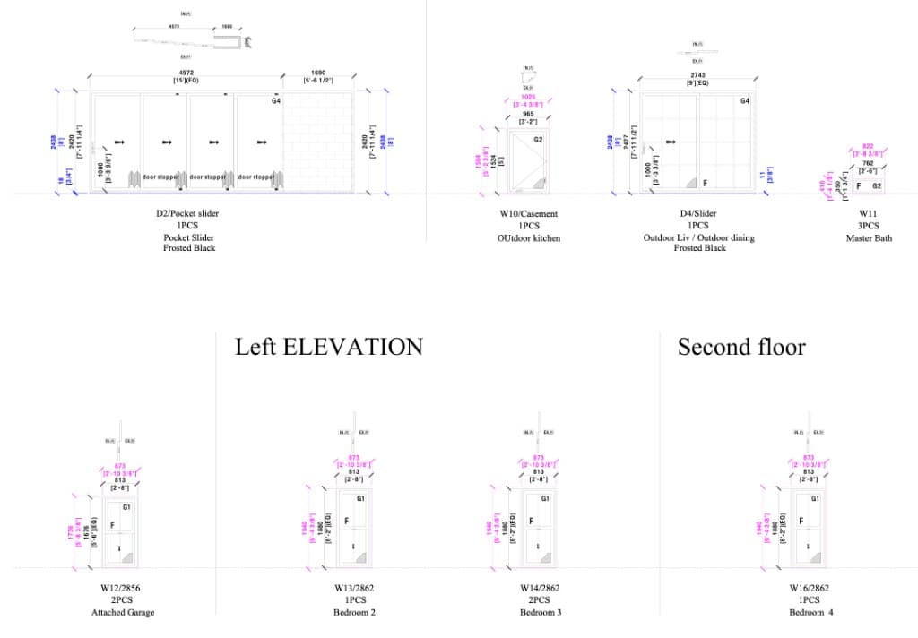 Application elevation schedule showing fixed, casement, and slider configurations