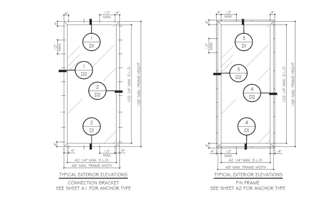 Typical exterior elevations for connection bracket and fin frame configurations