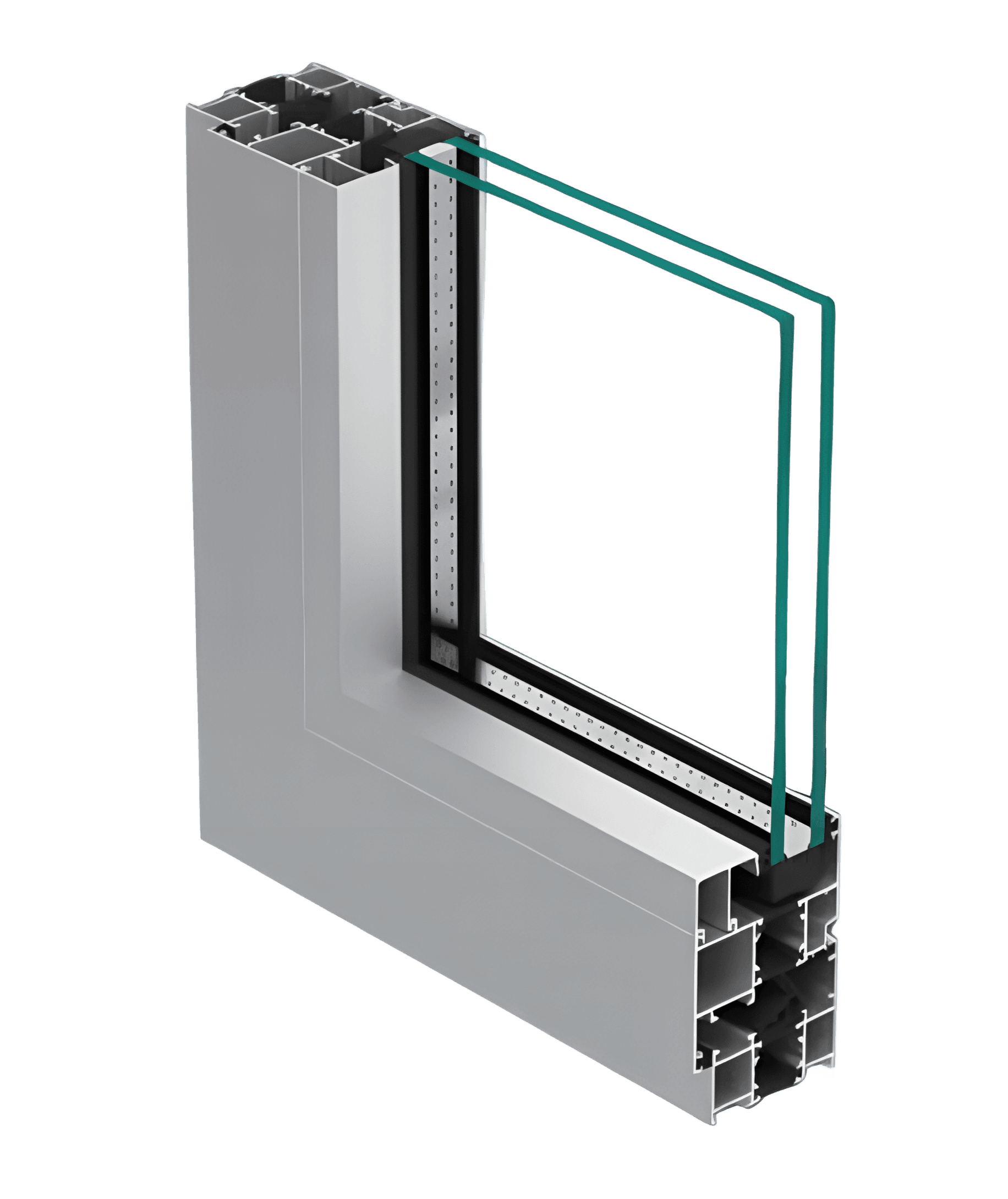 Cutaway of the 65 mm thermally broken aluminum corner profile with double glazing