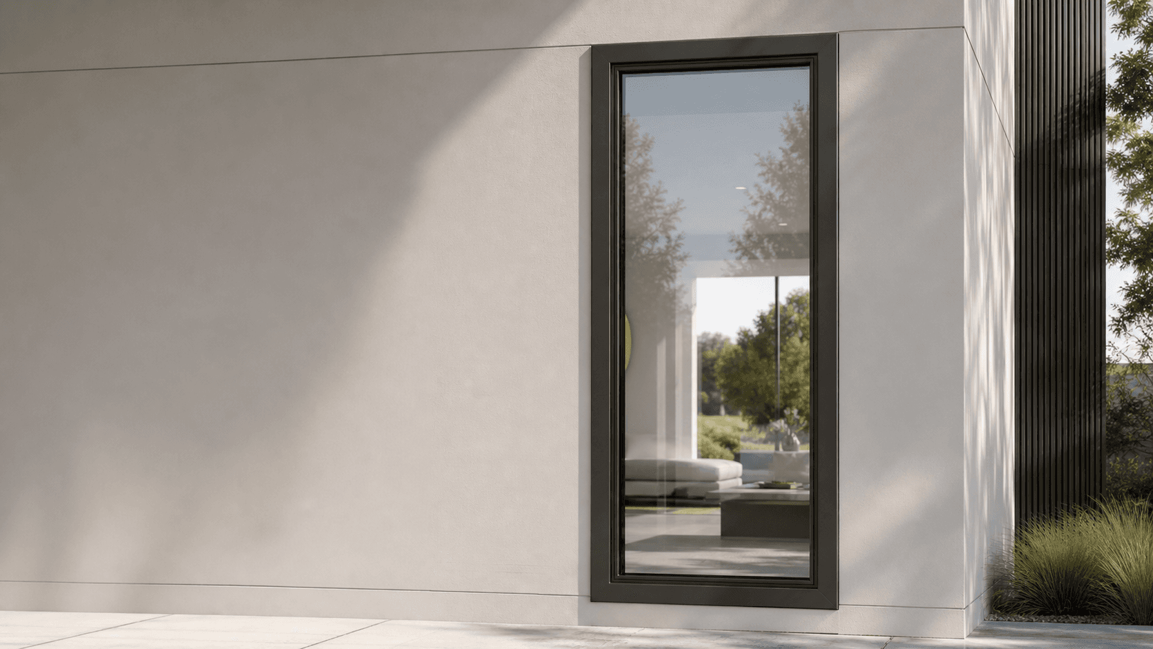 Series 100 Tempest fixed window installed in a modern stucco facade